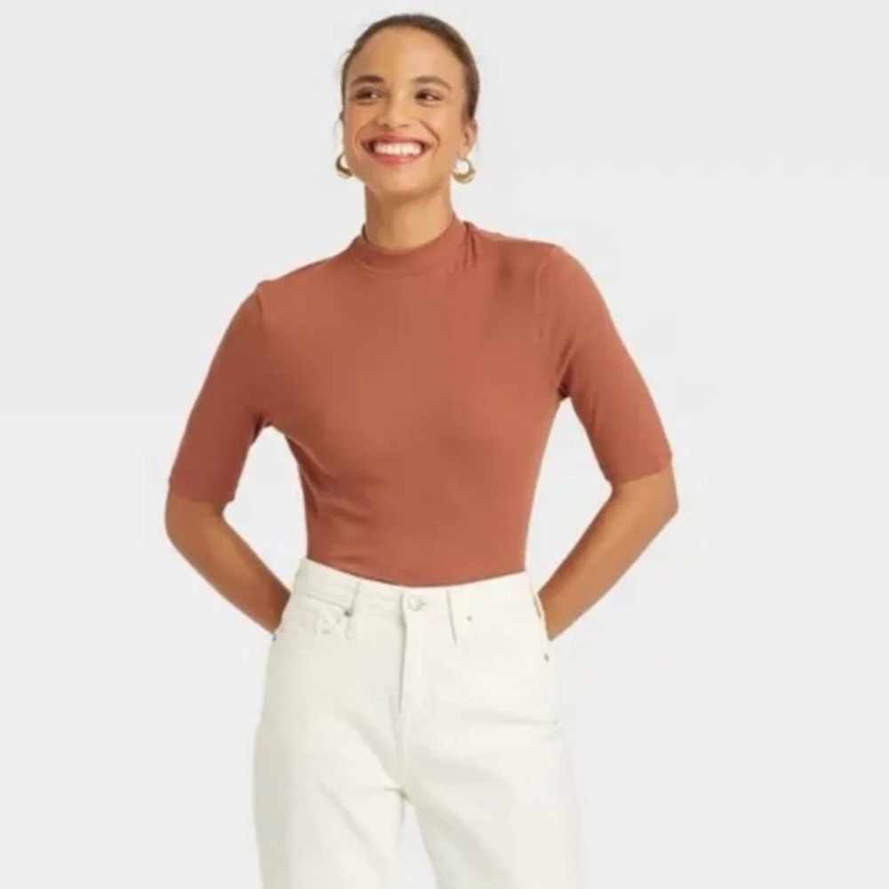 a new day Butterscotch Brown Ribbed Short Sleeve Mock Neck Women's Top - Picture 1 of 2